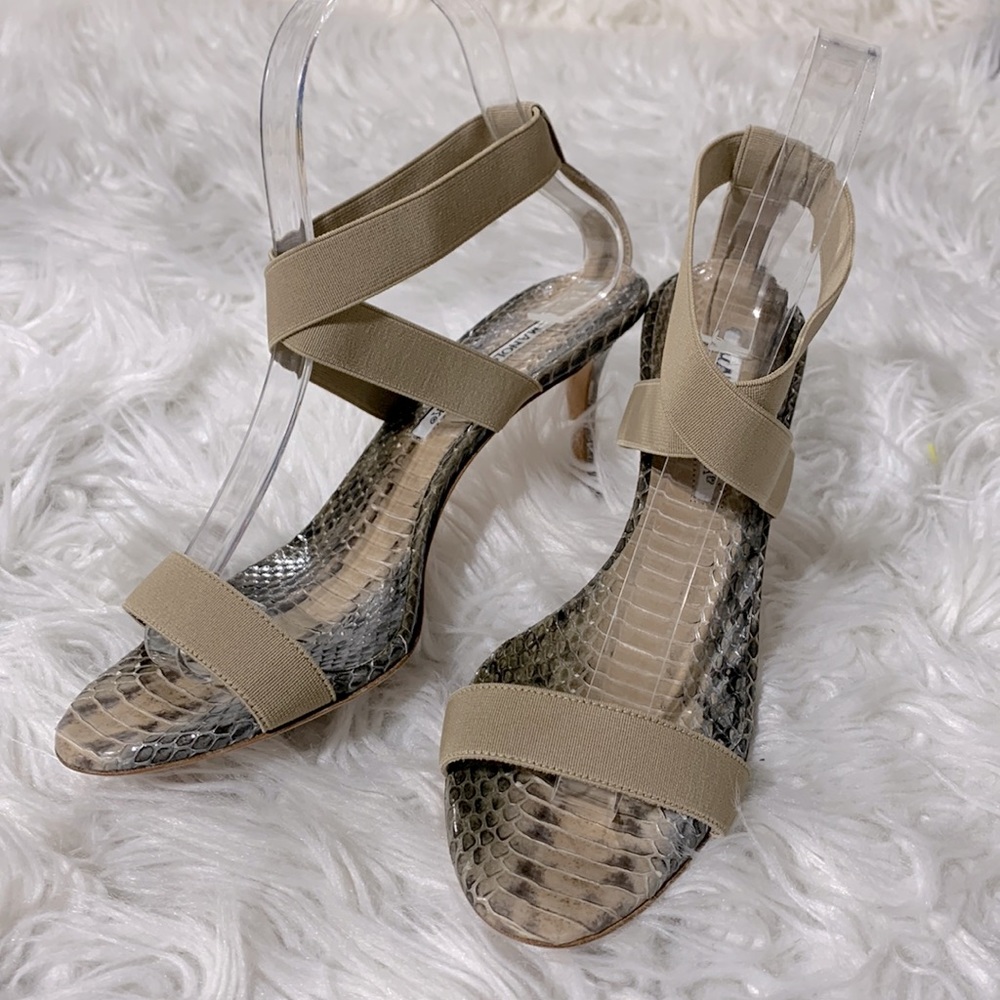 MANOLO Blahnik snakeskin strappy heels elastic ankle strap women’s sz 37.5